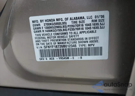 2006 Honda Pilot Ex-L из США, поврежденный, VIN 5FNYF18726B012346